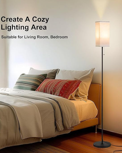 Tall Floor Lamp with Linen Shade - 3 Color Temperature, Black, LED Bulbs, Pull Chain Switch, Easy Assembly - LeafyLoom