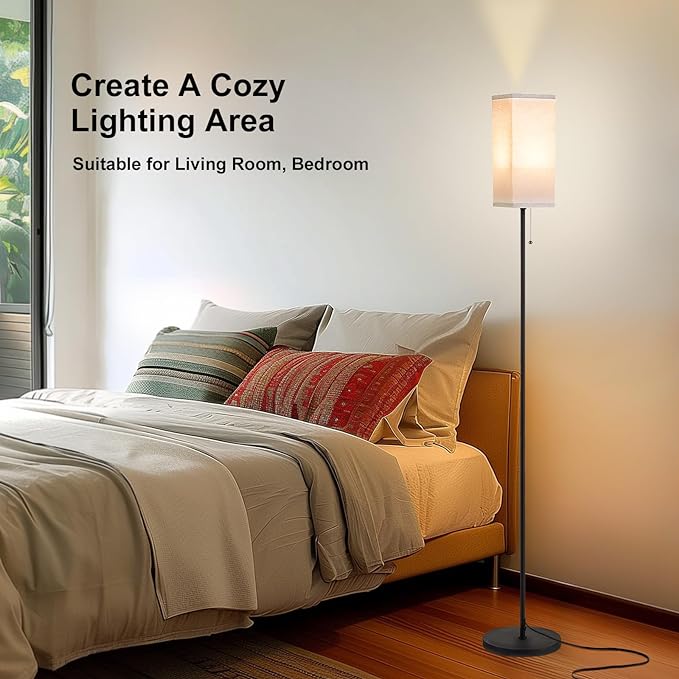 Tall Floor Lamp with Linen Shade - 3 Color Temperature, Black, LED Bulbs, Pull Chain Switch, Easy Assembly - LeafyLoom