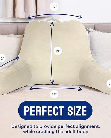 ComfortSpa Reading Pillow for Bed Adult Size, Back Rest Pillow with Arms, Pockets and Washable Cover; Use as a Back Pillow for Sitting in Bed for Bedrest or Relief from GERD Heartburn (Cream) - LeafyLoom