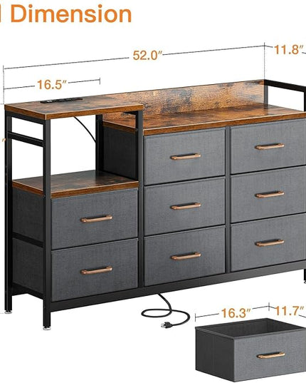 ODK Dresser with Charging Station, 52-Inch Long Dresser TV Stand for Bedroom, Large Dresser with 8 Storage Drawers, Chest of Drawers Easy-Pull Fabric Dressers for Living Room, Vintage and Dark Grey - LeafyLoom