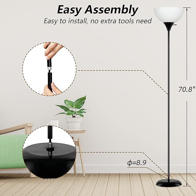 Floor Lamp, Standing Lamp for Bedroom, Drop-Resistant White Lampshade, Rotary Switch, Industrial Floor Lamp for Living Room Bedroom Study Office Kid's Room(Bright Black) - LeafyLoom