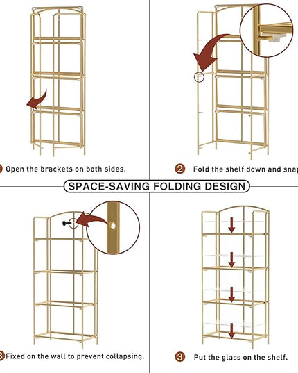 No Assembly Folding Bookshelf, 4 Tier Gold Bookshelf, Metal Book Shelf for Storage, Folding Bookcase for Office Organization and Storage, 12.6" D x 22.44" W x 55.51" H - LeafyLoom