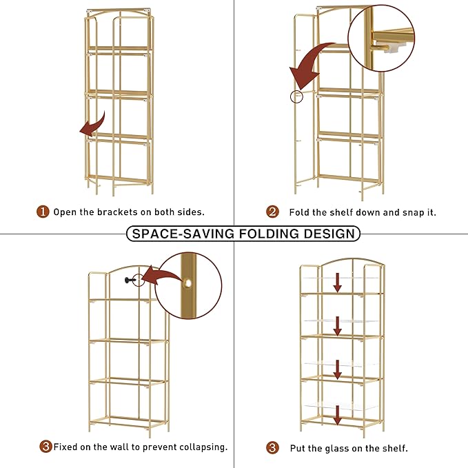 No Assembly Folding Bookshelf, 4 Tier Gold Bookshelf, Metal Book Shelf for Storage, Folding Bookcase for Office Organization and Storage, 12.6" D x 22.44" W x 55.51" H - LeafyLoom