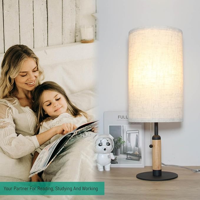 3-Color Temperatures Bedside Table Lamp for Nightstand Living Room Lamps for Bedroom Wood Fabric Pull Chain Switch Small Desk Lamps Home Office End Table Room Decor (Light Brown+Black) - LeafyLoom