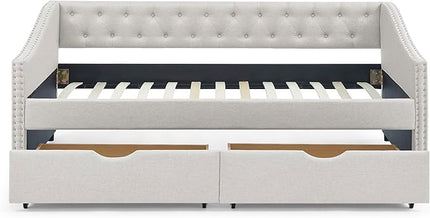 Twin Size Daybed with 2 Storage Drawers,Linen Upholstered Sofa Bed W/Button on Back & Copper Nail on Waved Shape Armrests,No Spring Box Need,Wood Bedframe for Living Room Bedroom Dorm,Beige - LeafyLoom