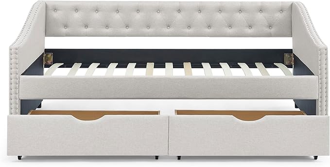 Twin Size Daybed with 2 Storage Drawers,Linen Upholstered Sofa Bed W/Button on Back & Copper Nail on Waved Shape Armrests,No Spring Box Need,Wood Bedframe for Living Room Bedroom Dorm,Beige - LeafyLoom