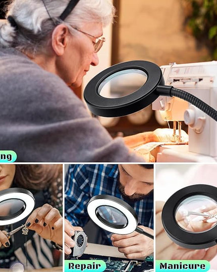 10X Magnifying Glass with Light, Clip on Mganifier with Light, 48 LED Desk Magnifying Glass wtih Clamp, 3 Modes Dimmable Magnifying LED Lamps for Bed Work Crafts DIY Repair - LeafyLoom