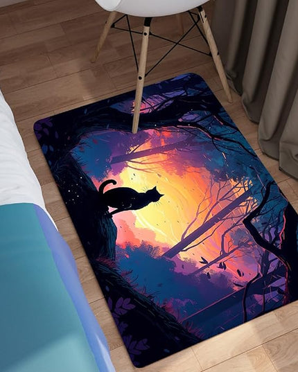 Magic Black Cat Rug - Moon Cat Rug for Girls Room Forestscape Cat Area Rug Black Cat Door Mat Colorful Rug with Black Cat Pattern, 2x3 Feet - LeafyLoom