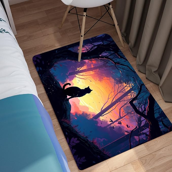Magic Black Cat Rug - Moon Cat Rug for Girls Room Forestscape Cat Area Rug Black Cat Door Mat Colorful Rug with Black Cat Pattern, 2x3 Feet - LeafyLoom