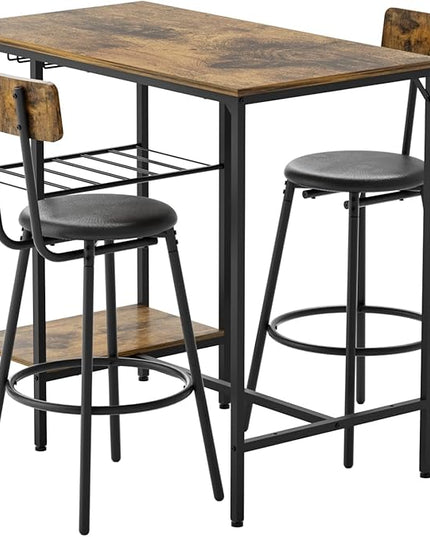 Bar Height Table and Chairs for 2, Compact Dining Table with 2 Tiers Storage Rack, Wine Rack and 2 PU Leather Upholstered Seat Stools, for Kitchen Breakfast, Small Space, Rustic Brown - LeafyLoom