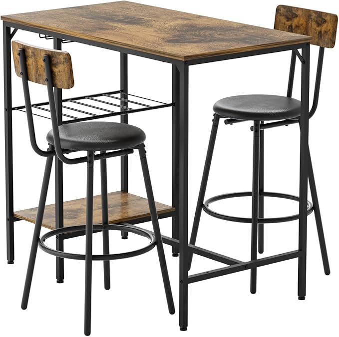 Bar Height Table and Chairs for 2, Compact Dining Table with 2 Tiers Storage Rack, Wine Rack and 2 PU Leather Upholstered Seat Stools, for Kitchen Breakfast, Small Space, Rustic Brown - LeafyLoom