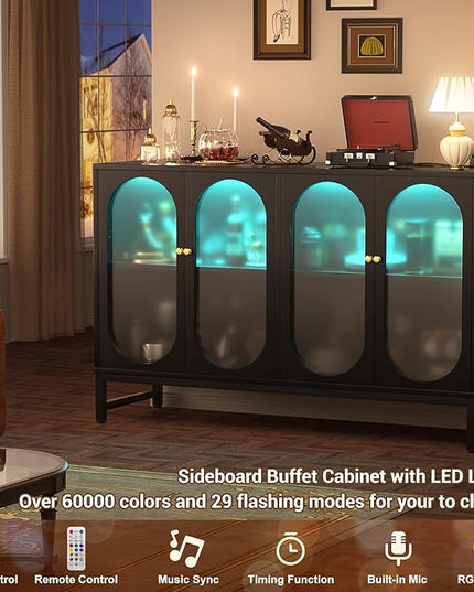 Aheaplus Sideboard Buffet Cabinet with Power Outlet, Kitchen Sideboard Storage Cabinet with LED Light, 4 Doors, Modern Accent Cabinet Coffee Bar Cabinet Console Table for Kitchen Dining Room, Black - LeafyLoom