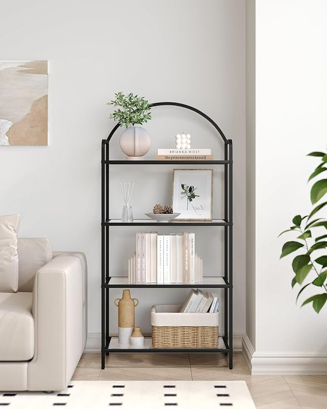 Bookcase Bookshelf, Tempered Glass Bookshelves, Slim Shelving Unit for Bedroom, Bathroom, Home Office, Steel Frame, 4 Tier Black BC21499B - LeafyLoom