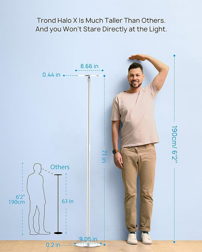 TROND Floor Lamp, Bright Sunlight Lamp, LED Torchiere Standing Light Dimmable, Modular 71-inch Tall Aluminum Pole with Adjustable Height, 5500K Natural Daylight, 30 Mins Timer for Living Room Bedroom - LeafyLoom