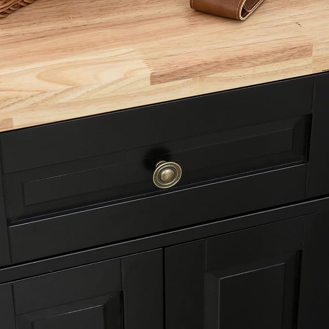 HOMCOM Kitchen Island on Wheels, Rolling Cart with Rubberwood Top, Spice Rack, Towel Rack and Drawers for Dining Room, Black - LeafyLoom