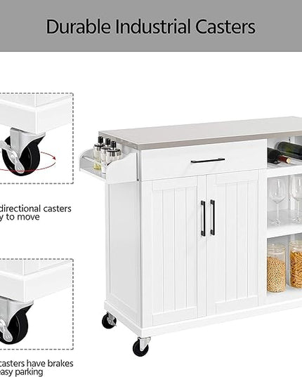 Yaheetech Kitchen Island Cart with Stainless Steel Top, Rolling Storage Cabinet on Wheels with Drawer& Wine Rack & Spice Rack, Sideboard Buffet with Towel Bar, White - LeafyLoom