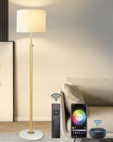 Gold Floor Lamp for Living Room with Remote Control, Marble Base 1200 Lumens 15W Adjustable Height Modern Floor Lamp Standing Lamp for Bedroom, Smart Control Alexa & Google Assistance Compatible - LeafyLoom