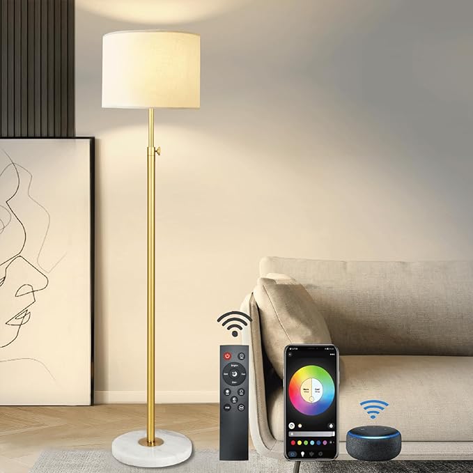Gold Floor Lamp for Living Room with Remote Control, Marble Base 1200 Lumens 15W Adjustable Height Modern Floor Lamp Standing Lamp for Bedroom, Smart Control Alexa & Google Assistance Compatible - LeafyLoom