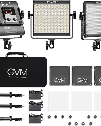 GVM 3 Pack LED Video Lighting Kits with APP Control, Bi-Color Variable 2300K~6800K with Digital Display Brightness of 10~100% for Video Photography, CRI97+ TLCI97 Led Video Light Panel +Barndoor GVMGreatVideoMaker