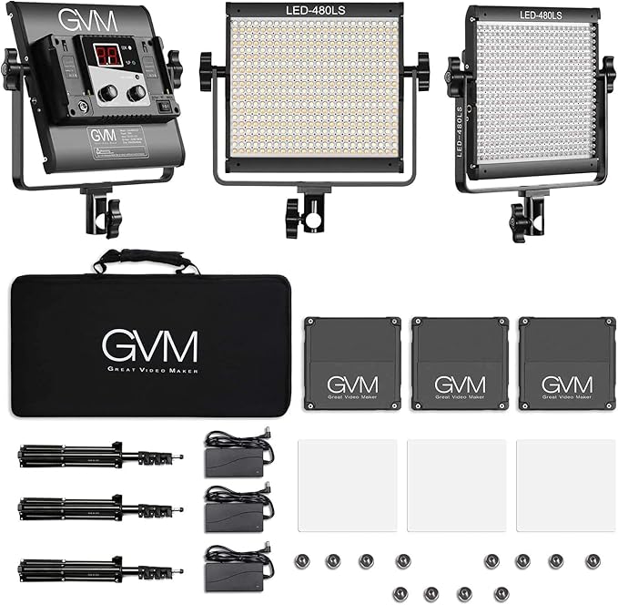 GVM 3 Pack LED Video Lighting Kits with APP Control, Bi-Color Variable 2300K~6800K with Digital Display Brightness of 10~100% for Video Photography, CRI97+ TLCI97 Led Video Light Panel +Barndoor GVMGreatVideoMaker