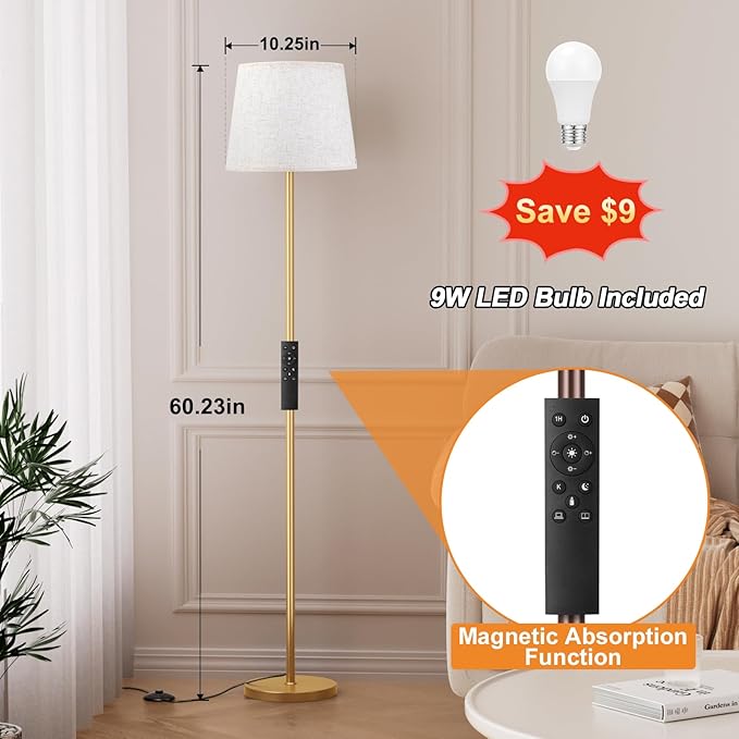 【Upgraded】 Floor Lamps for Living Room, Modern Floor Lamp with Remote Control, Dimmable Colors Temperature Standing Lamp Foot Switch, 9W Bulb Tall Lamps for Bedroom Office Kid Room - Gold - LeafyLoom