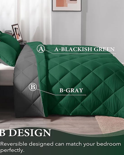 downluxe Queen Comforter Set - Dark Green and Grey Queen Comforter, Soft Bedding Sets for All Seasons -3 Pieces - 1 Comforter (88"x92") and 2 Pillow Shams(20"x26") - LeafyLoom
