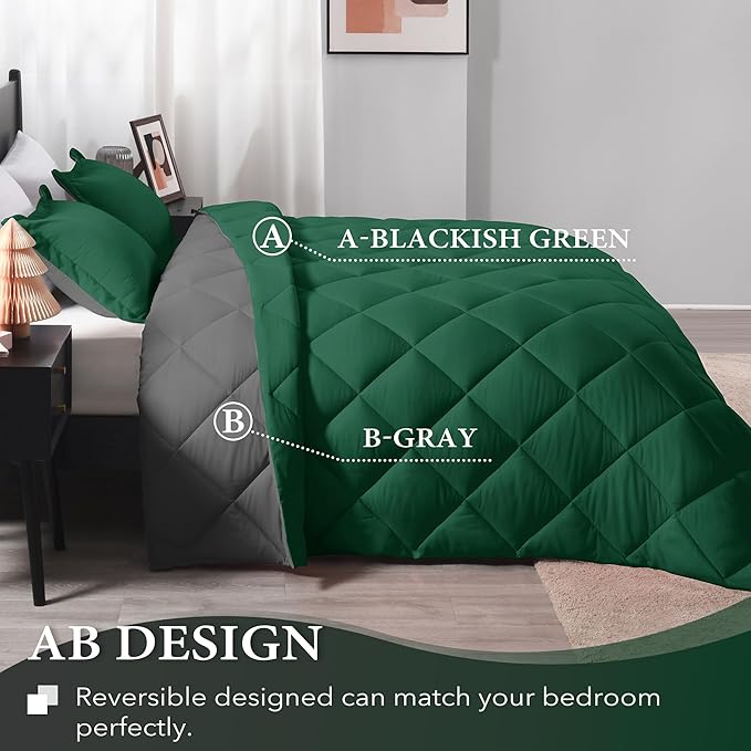 downluxe Queen Comforter Set - Dark Green and Grey Queen Comforter, Soft Bedding Sets for All Seasons -3 Pieces - 1 Comforter (88"x92") and 2 Pillow Shams(20"x26") - LeafyLoom