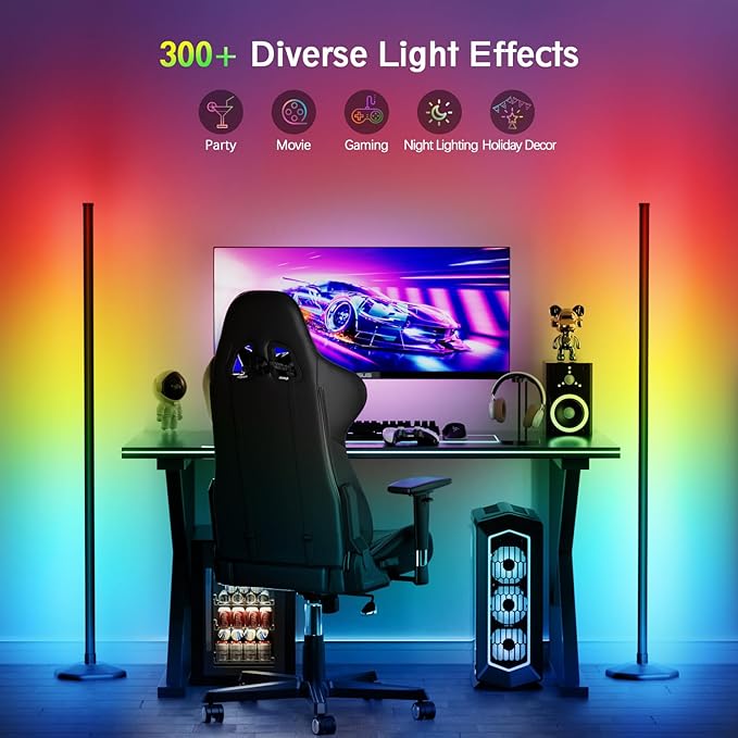 bedee LED Corner Floor Lamp: 64.5 Inch RGB Color Changing with Music Sync, Modern Standing Mood Lighting Remote & App Control, Creative DIY Mode Timing for Living Room Gaming - LeafyLoom