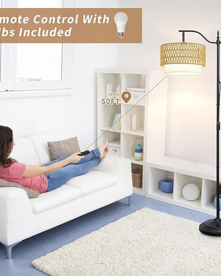 Frideko Rattan Floor Lamp with Remote Control & Dimmable LED Bulb, Boho Standing Lamp with 3 Color Temperatures, Bright Farmhouse Floor Light, Rustic Corner Floor Lamp, Tall Floor Lamp for Living Room - LeafyLoom