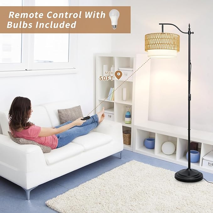 Frideko Rattan Floor Lamp with Remote Control & Dimmable LED Bulb, Boho Standing Lamp with 3 Color Temperatures, Bright Farmhouse Floor Light, Rustic Corner Floor Lamp, Tall Floor Lamp for Living Room - LeafyLoom