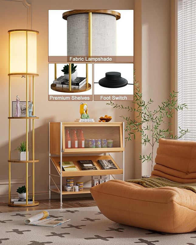 Lightdot 61IN Floor Lamp with Shelves, 3-Tier Storage Gold Standing Lamps with 3000K E26 Bulb Included, Display Shelf Floor Lamp for Living Room Sofa Corner - LeafyLoom