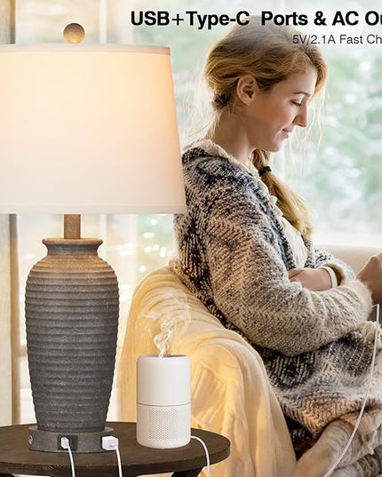 25" Farmhouse Jar Table Lamps Set of 2, 3 Way Touch Control Rustic Bedside Lamps with USB A+C Ports & AC Outlet, Pot Nightstand Lamps for Bedroom Living Room (LED Bulbs Included) - LeafyLoom