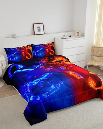 Ice Fire Dragon Comforter Set for Boys Teens Kids Gamer Games Room Decor Bedding Set Blue Red Gaming Gamepad Down Comforter ,Fairy Tale Animals Theme Room Decor 2Pcs Duvet Insert King Size,Soft - LeafyLoom