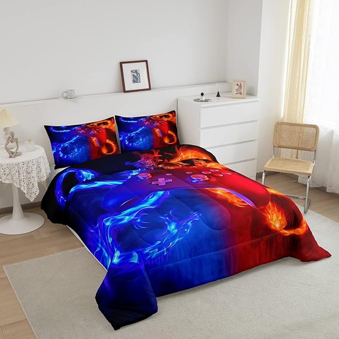 Ice Fire Dragon Comforter Set for Boys Teens Kids Gamer Games Room Decor Bedding Set Blue Red Gaming Gamepad Down Comforter ,Fairy Tale Animals Theme Room Decor 2Pcs Duvet Insert King Size,Soft - LeafyLoom