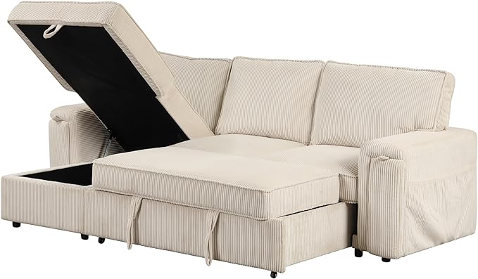 Corduroy Upholstered Convertible Sleeper Sectional Couch Pull Out Sofa Bed ,4 Seater L Shaped Corner Sofa&Couch Sofabed with Reversible Storage Chaise Lounge and Cupholders for Living Room Office - LeafyLoom