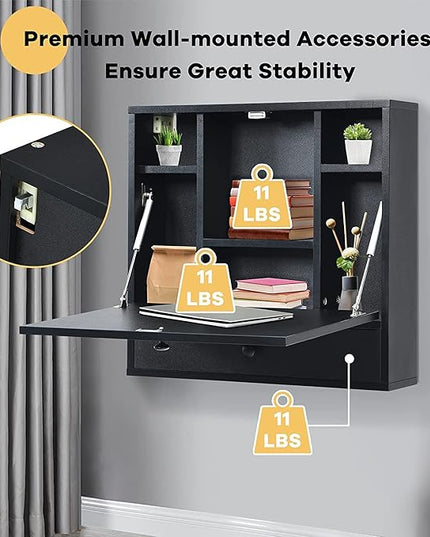 2 in 1 Foldable Tabletop, Folding Wall Mount Laptop Storage Compartments Space Saving Floating Desk, Black - LeafyLoom