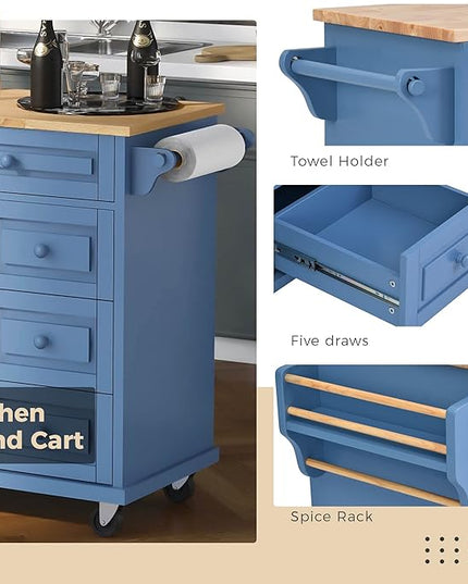 Island with Storage Cabinets, Rolling Mobile Kitchen-cart with Rubber Wood Desktop and 5 Drawers & Open Shelves, Sideboard for Dining Room, Home Bar, Blue, 52.8 Inch - LeafyLoom