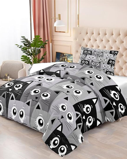 Cat Comforter Set Twin Size - 2Pcs Grey Cat Bedding Set for Boys Girls Teens Cute Animals Themed Bedding Set Warm Ultra Soft Cartoon Cat Quilt Cover with 1 Pillowcase for Kids Room Decor - LeafyLoom
