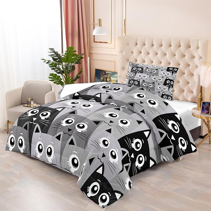 Cat Comforter Set Twin Size - 2Pcs Grey Cat Bedding Set for Boys Girls Teens Cute Animals Themed Bedding Set Warm Ultra Soft Cartoon Cat Quilt Cover with 1 Pillowcase for Kids Room Decor - LeafyLoom