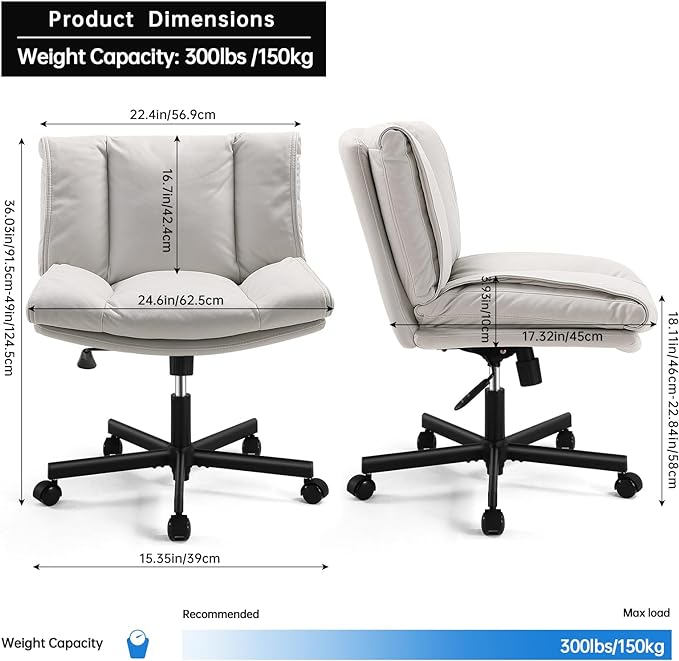 LEAGOO Armless Desk Chairs with Wheels Office Chair Vanity Chair with Technical Cloth Adjustable Swivel Computer Task Chairs for Home Base, Bedroom, Small Space, Make up - LeafyLoom