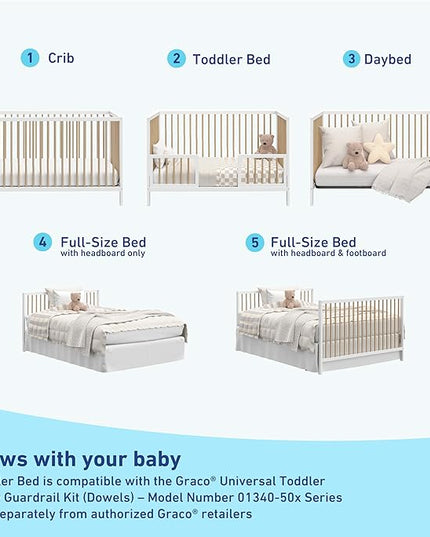 Graco Teddi 5-in-1 Convertible Crib (White with Driftwood) – GREENGUARD Gold Certified, Converts to Daybed, Toddler & Twin Bed with Headboard and Footboard, Adjustable Mattress Height - LeafyLoom