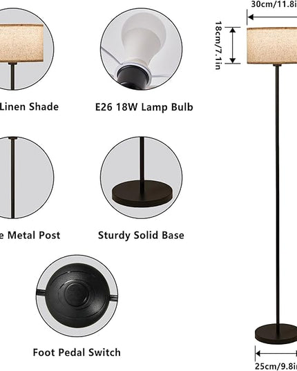 Modern Living Room Bedroom Floor Lamp with LED Bulb, Modern Vertical Lamp Drum Lampshade, 63 Feet High with Footswitch Black Lamp Post, Minimalist Design Vertical Lamp for Home Office Reading - LeafyLoom