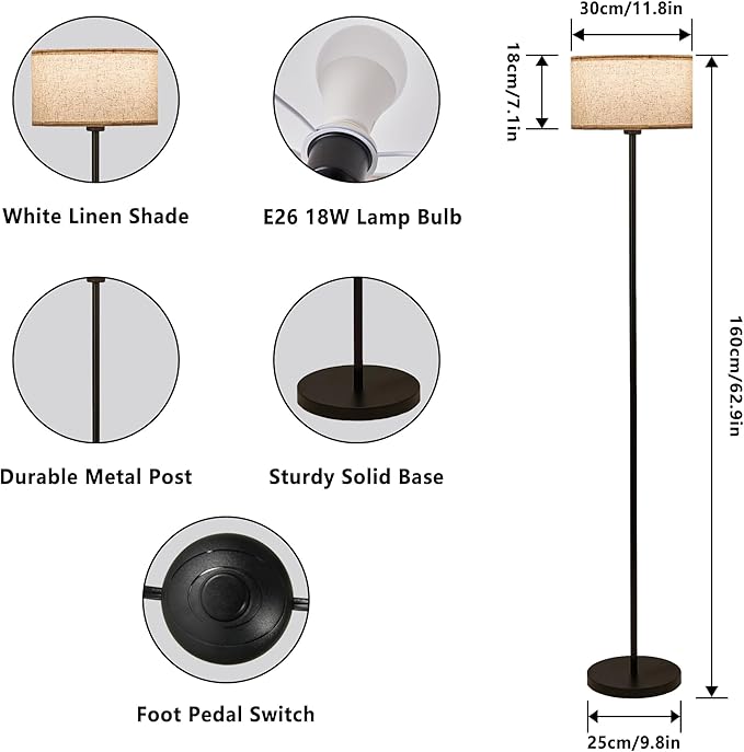 Modern Living Room Bedroom Floor Lamp with LED Bulb, Modern Vertical Lamp Drum Lampshade, 63 Feet High with Footswitch Black Lamp Post, Minimalist Design Vertical Lamp for Home Office Reading - LeafyLoom