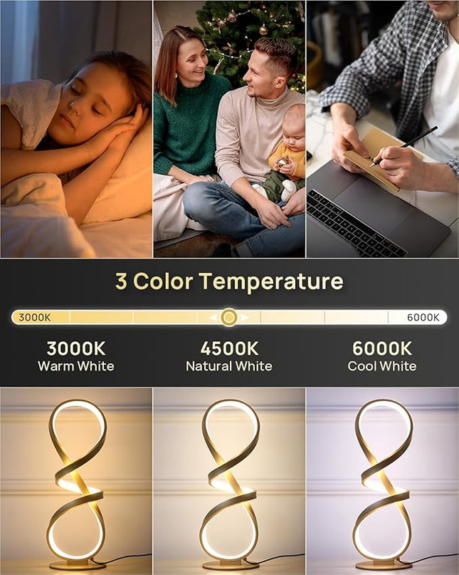 Modern Desk Lamp, LED Touch Dimmable Spiral Table Lamp, 3 Color Temperature Contemporary Nightstand Lamp, Unique Bedside Lamp for Living Room, Bedroom, Cool Lamps for Ideal Gift, Gold - LeafyLoom