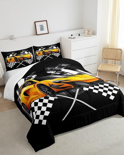 Yellow Race Car Bedding Set Twin Size,Black and White Grid Duvet Insert with 1 Pillowcase,Extreme Sport Games Comforter Set 2pcs for Kids Teens Boys Room Decor, Soft Modern Bed Quilt - LeafyLoom