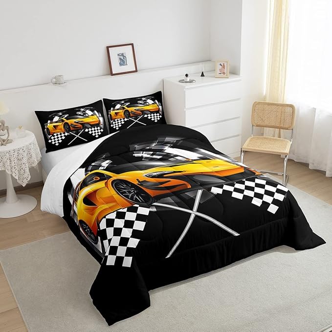 Yellow Race Car Bedding Set Twin Size,Black and White Grid Duvet Insert with 1 Pillowcase,Extreme Sport Games Comforter Set 2pcs for Kids Teens Boys Room Decor, Soft Modern Bed Quilt - LeafyLoom