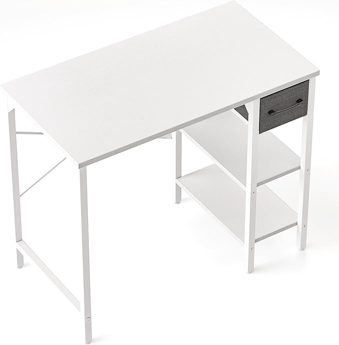 CubiCubi Computer Desk, 35 Inch Small Home Office Desk with Drawer Storage Shelves for Small Space, Writing Study Desk, White - LeafyLoom
