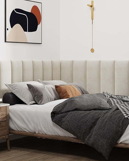 Wall Mounted Upholstered Headboard Queen, 3D Peel and Stick Soundproof Wall Panels, Reusable and Removable Padded Headboard Leather Bed Headboard, 9 Panels Headboard 9.84" x 23.62", Ivory White - LeafyLoom