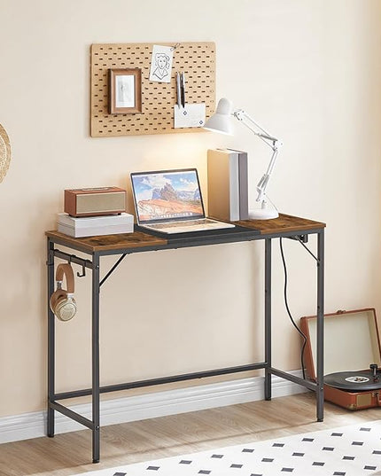 HOOBRO Computer Desk, Home Office Desk with Power Outlet, Modern Study Writing Desk with 3 Hooks for Study Room, Home Office, Sturdy and Stable, Easy to Assemble, Rustic Brown and Black BF41UDN01 - LeafyLoom