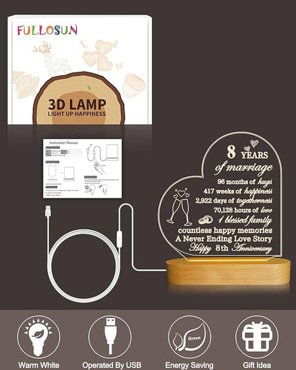 FULLOSUN Anniversary Wedding Gifts for Him/Her, I Love You Night Light 3D Illusion Lamp for Couple Wife Husband Romantic Valentines Wedding Day Present (8th) - LeafyLoom